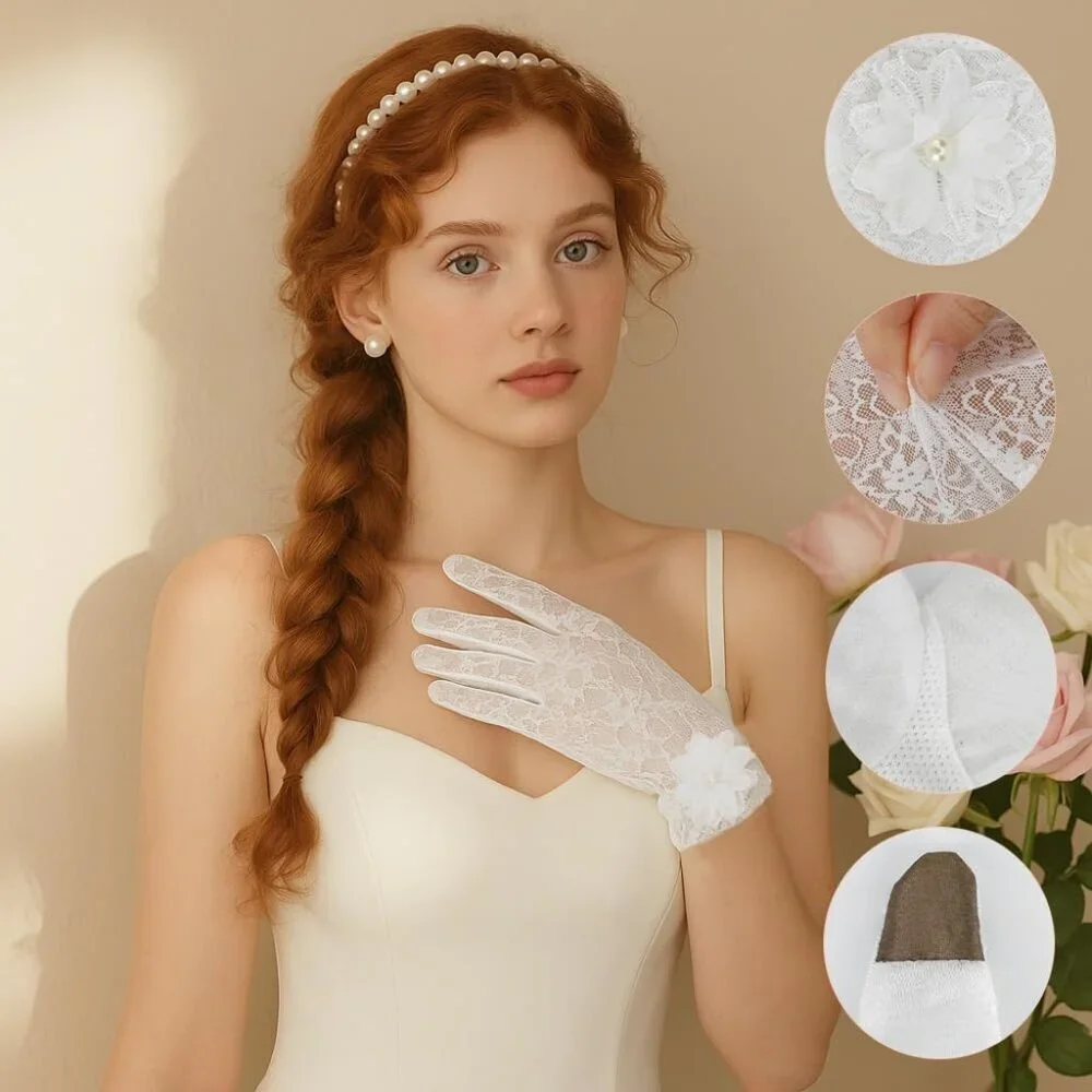 Women's Embroidery White Short Lace Wrist Gloves Design Party Accessories
